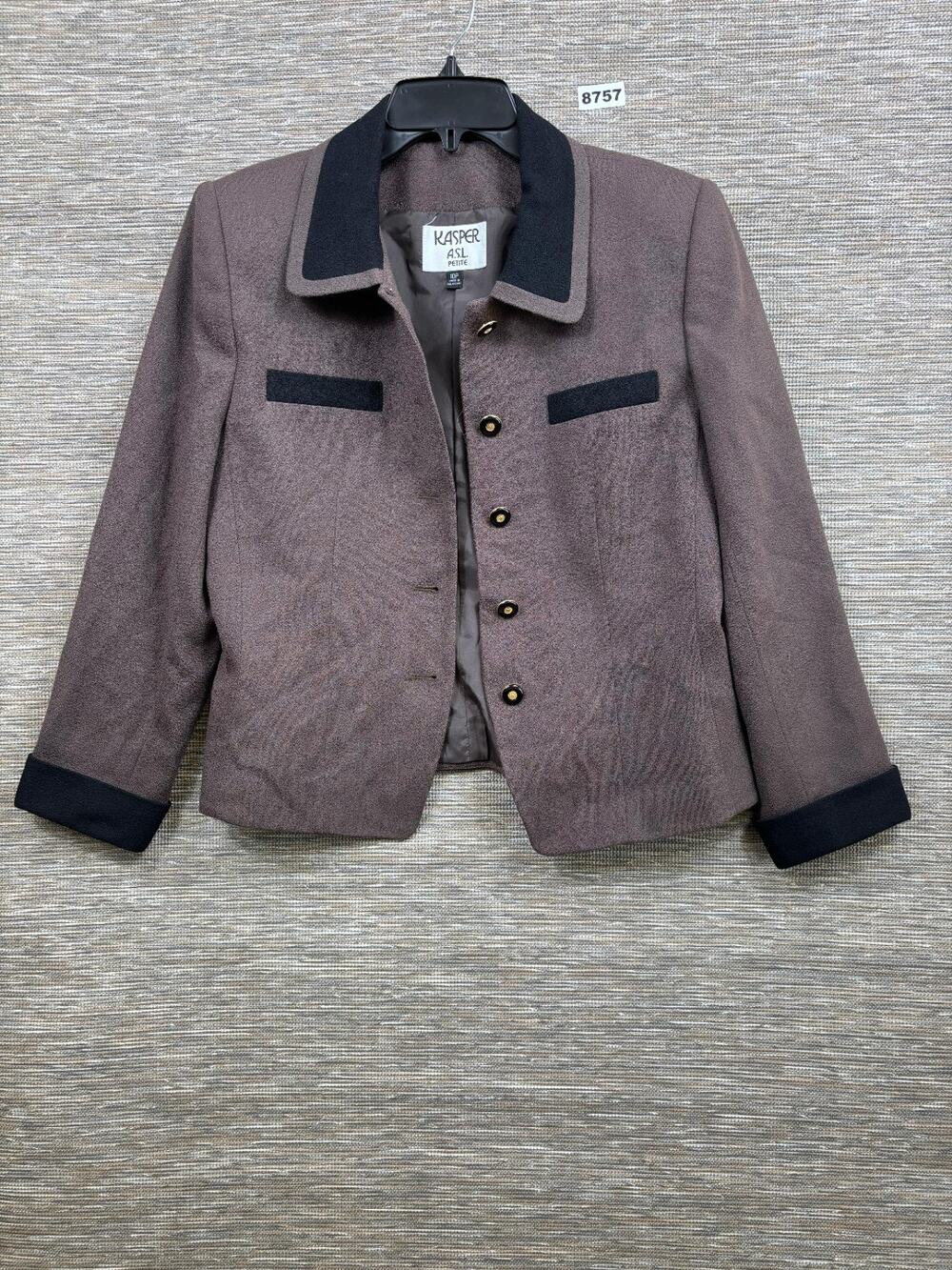 VTG Kasper ASL Blazer Sz 10P Wool Moss Brown Black Trim Corporate Casual Career